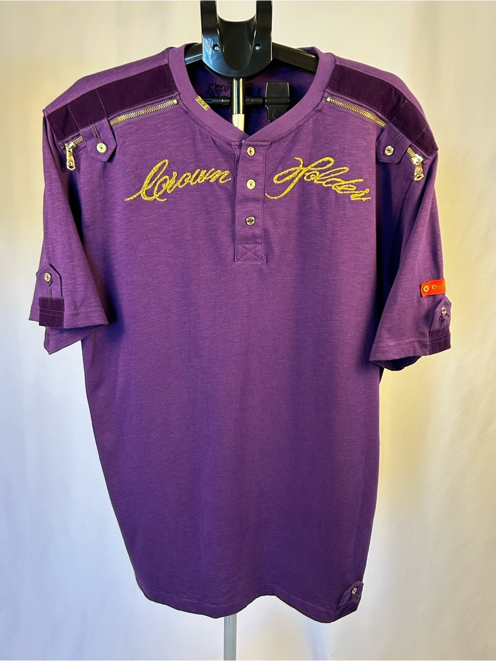 Crown Holder Mens XL Purple Henley Shirt Gold Embroidery Y2K Streetwear McBling